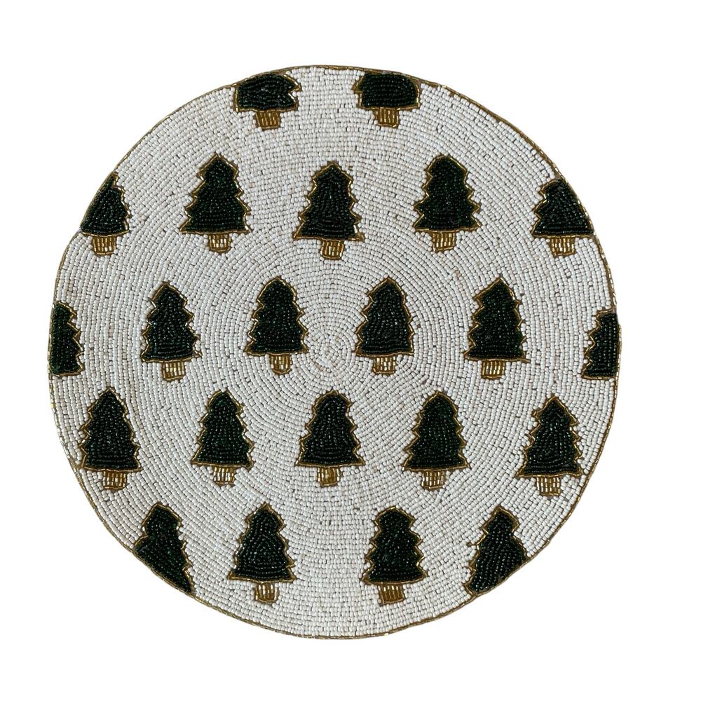 Tahari Christmas Tree Beaded Placemat 15in Chic Holiday Decor Green & White New